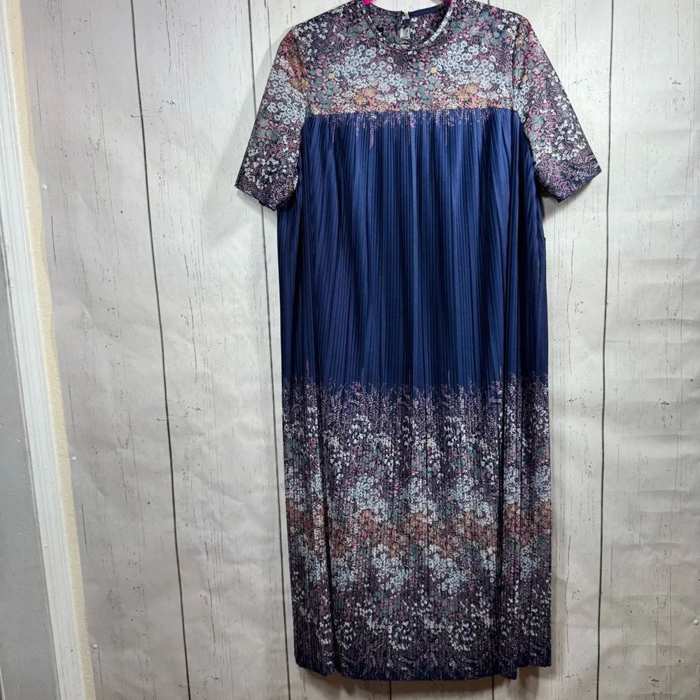 Vintage Silver Star Blue Floral Pleated Maxi Dress Cottagecore Boho Granny 16
